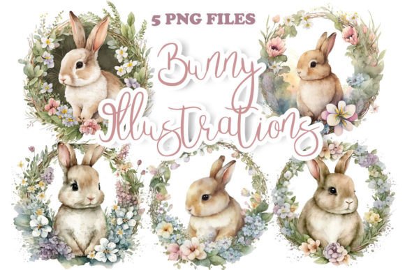 Cute Bunny Illustrations Easter Mockup: 5 PNGs for Your Spring Projects